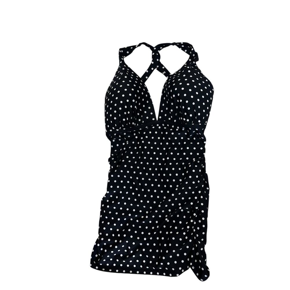 Lauren Ralph Lauren Black White Polka Dot Tummy Control Halter Swimdress 16 NWT - Picture 2 of 12